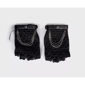 Chanel Black Leather Chain Detail Fingerless Gloves Mittens Sz.7.5